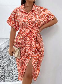 Celure 大碼滿版印花蝙蝠袖腰帶襯衫洋裝