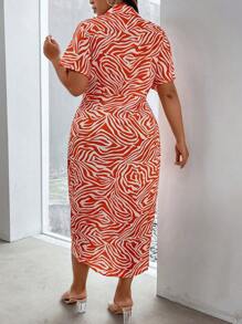 Celure 大碼滿版印花蝙蝠袖腰帶襯衫洋裝