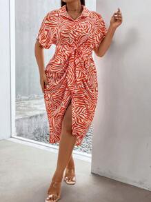 Celure 大碼滿版印花蝙蝠袖腰帶襯衫洋裝