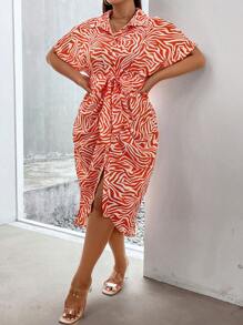 Celure 大碼滿版印花蝙蝠袖腰帶襯衫洋裝