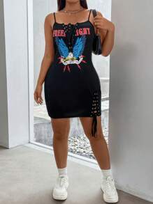 SHEIN Coolane 大碼鷹和字母圖案扣眼前繫帶吊帶緊身連衣裙 - 黑色 - 查看 5