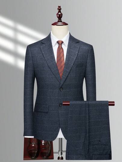 Manfinity Mode 1 Blazer de solapa única a cuadros y 1 pantalón de traje, estilo "Old Money" para hombres