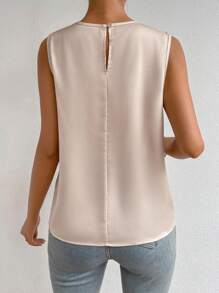 SHEIN Privé 素色前扭結鎖眼領緞面襯衫 - 杏色 - 查看 3