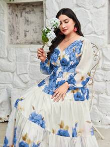 Modelyn 大碼印花燈籠袖荷葉邊雪紡連衣裙 - 藍色 - 查看 5