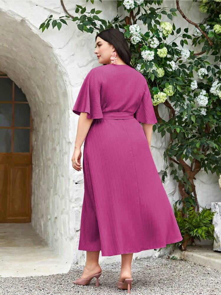 Modelyn Plus Butterfly Sleeve Belted Dress - Hot Pink - View 2