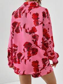 SHEIN Privé In hoa Thả vai Áo sơ mi & Váy quần - Màu Hồng Tươi - Xem 2