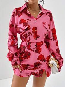 SHEIN Privé In hoa Thả vai Áo sơ mi & Váy quần - Màu Hồng Tươi - Xem 1