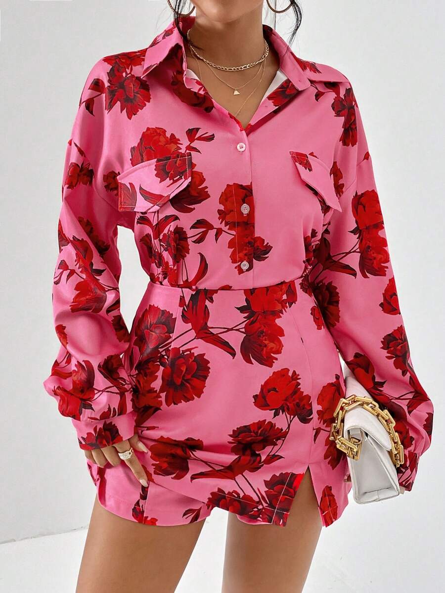 SHEIN Privé In hoa Thả vai Áo sơ mi & Váy quần - Màu Hồng Tươi - Xem 1