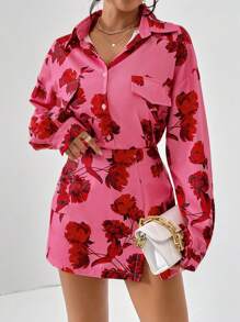 SHEIN Privé In hoa Thả vai Áo sơ mi & Váy quần - Màu Hồng Tươi - Xem 5