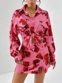 SHEIN Privé In hoa Thả vai Áo sơ mi & Váy quần - Màu Hồng Tươi - Xem 6