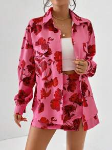 SHEIN Privé In hoa Thả vai Áo sơ mi & Váy quần - Màu Hồng Tươi - Xem 7