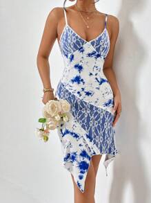 SHEIN Privé 紮染不對稱下擺吊帶連衣裙 - 藍白色 - 查看 3