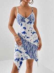 SHEIN Privé 紮染不對稱下擺吊帶連衣裙 - 藍白色 - 查看 7