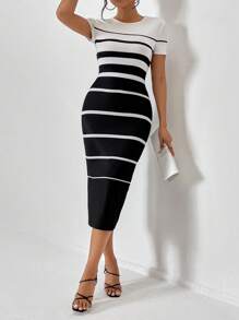 Firerie In sọc Váy bodycon - Đen và trắng - Xem 1