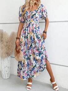 SHEIN VCAY 滿版印花方領泡泡袖連衣裙 - 白色 - 查看 2