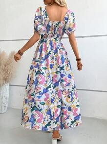 SHEIN VCAY 滿版印花方領泡泡袖連衣裙 - 白色 - 查看 3