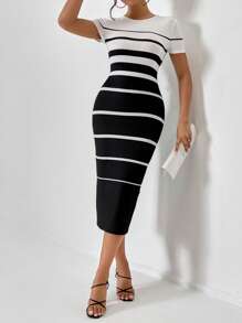 Firerie In sọc Váy bodycon - Đen và trắng - Xem 4