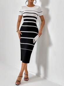 Firerie In sọc Váy bodycon - Đen và trắng - Xem 5