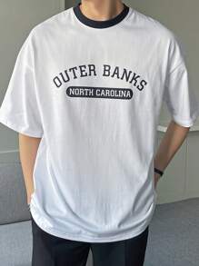 DAZY Men Letter Graphic Contrast Trim Drop Shoulder Tee - White - View 5