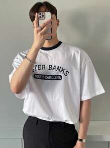 DAZY Men Letter Graphic Contrast Trim Drop Shoulder Tee - White - View 4