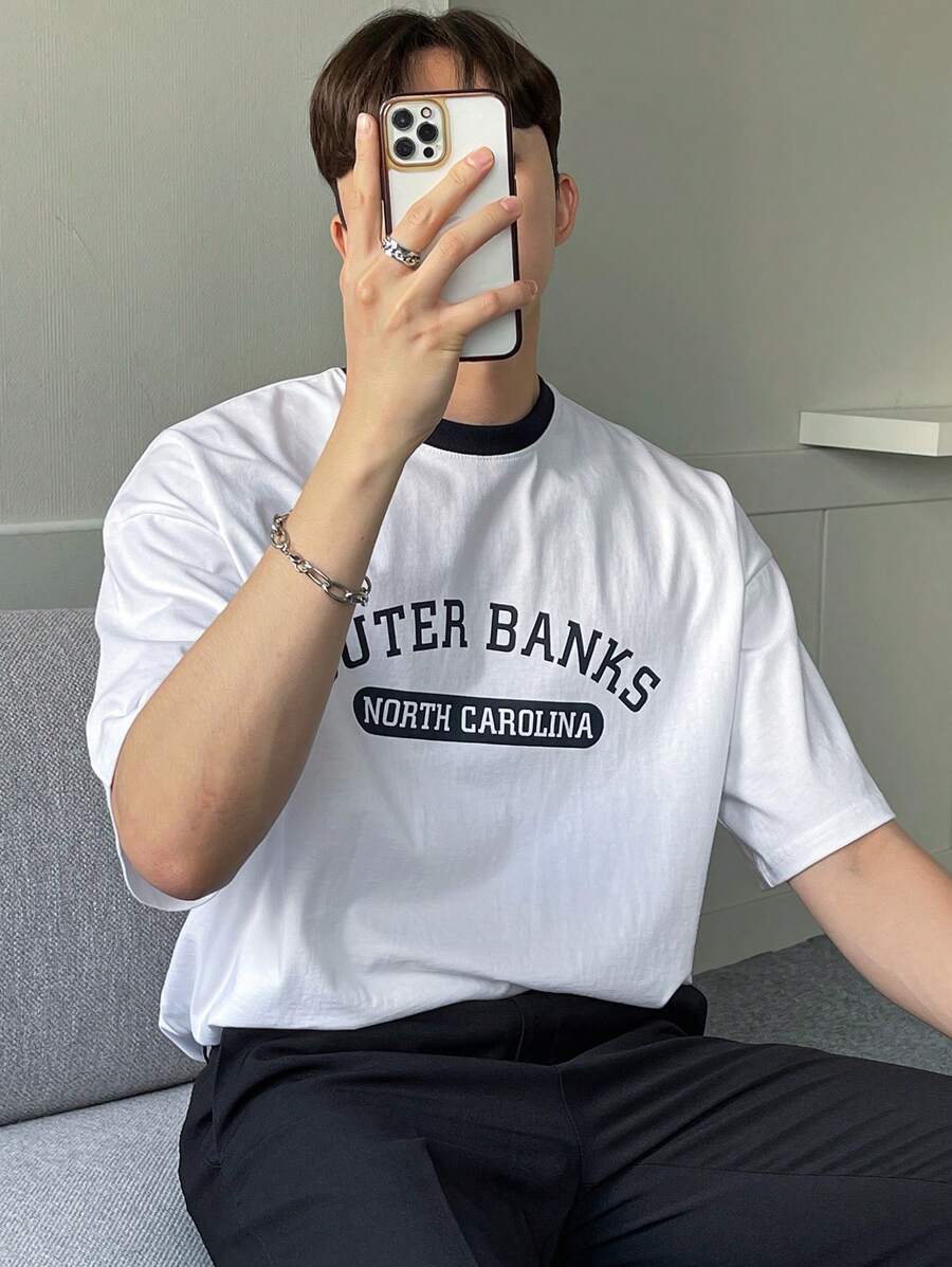 DAZY Men Letter Graphic Contrast Trim Drop Shoulder Tee - White - View 1