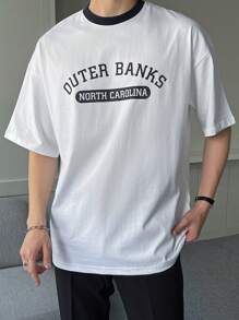 DAZY Men Letter Graphic Contrast Trim Drop Shoulder Tee - White - View 6