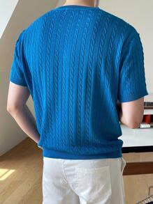 DAZY 男士素色前紐扣圓領針織上衣 - 藍色 - 查看 2