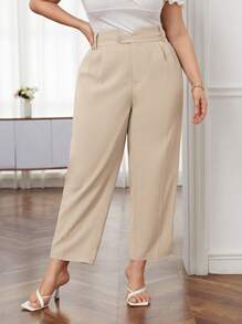 SHEIN Privé Plus High Waist Plicated Detail Trousers - Apricot - View 3