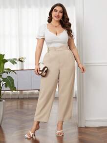 SHEIN Privé Plus High Waist Plicated Detail Trousers - Apricot - View 4