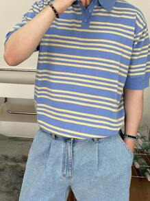 DAZY Men Striped Pattern Polo Neck Knit Top - Blue - View 6