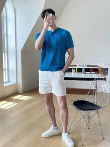 DAZY 男士素色前紐扣圓領針織上衣 - 藍色 - 查看 7