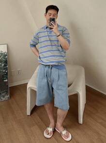 DAZY Men Striped Pattern Polo Neck Knit Top - Blue - View 2