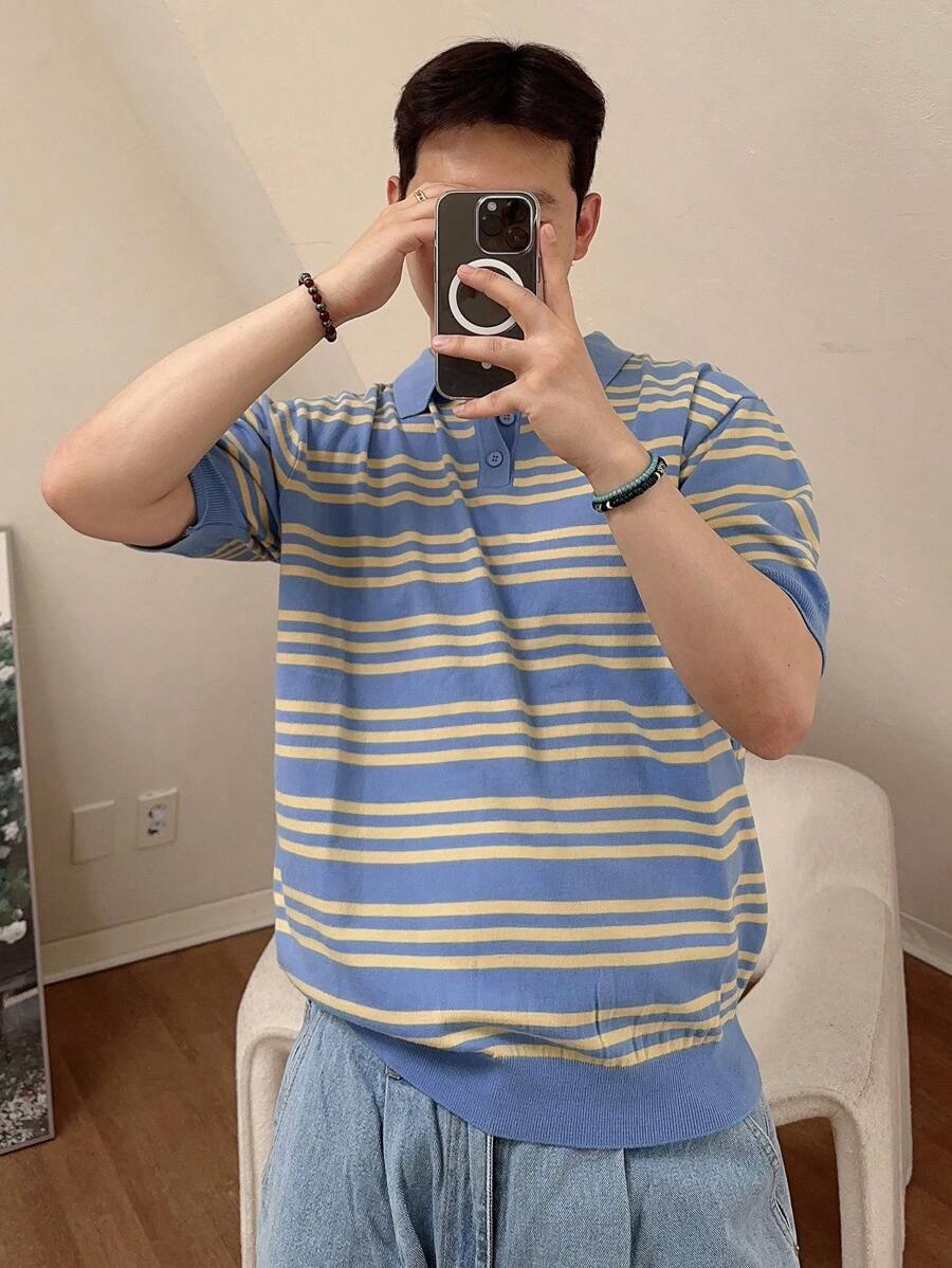 DAZY Men Striped Pattern Polo Neck Knit Top - Blue - View 1