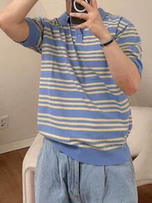 DAZY Men Striped Pattern Polo Neck Knit Top - Blue - View 7