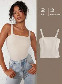 SHEIN BASICS Chất rắn Dây đeo rộng Áo Cho mùa hè - Màu be - Xem 2