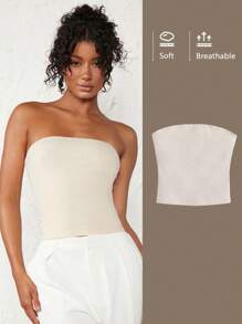 SHEIN BASICS Chất rắn Đồ đan Ribbed Ống ngọn - Màu be - Xem 1