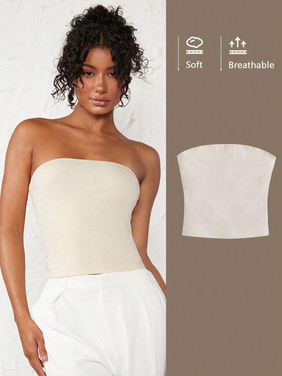 SHEIN BASICS Chất rắn Đồ đan Ribbed Ống ngọn - Màu be - Xem 1