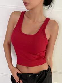 DAZY Solid Crop Tank Top Preppy Tops - Red - View 5