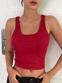 DAZY Solid Crop Tank Top Preppy Tops - Red - View 6