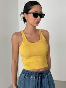 DAZY 純色短款背心上衣 - 黃色 - 查看 3