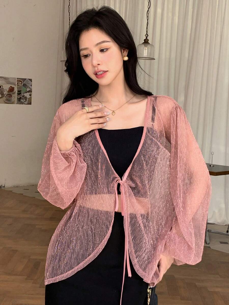 DAZY Solid Tie Front Sheer Mesh Top Without Cami Top - Pink - View 1