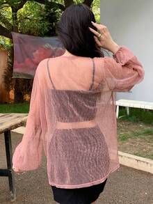 DAZY Solid Tie Front Sheer Mesh Top Without Cami Top - Pink - View 2