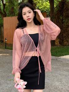 DAZY Solid Tie Front Sheer Mesh Top Without Cami Top - Pink - View 4