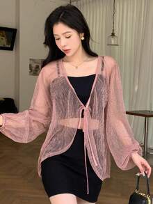 DAZY Solid Tie Front Sheer Mesh Top Without Cami Top - Pink - View 5