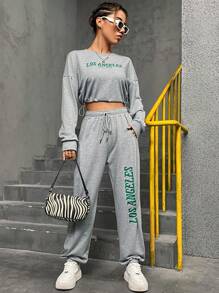 SHEIN Unity 字母圖案落肩袖短款運動衫和腰部抽繩衛褲 - 灰色 - 查看 3