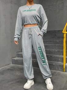 SHEIN Unity 字母圖案落肩袖短款運動衫和腰部抽繩衛褲 - 灰色 - 查看 5