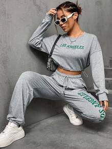 SHEIN Unity 字母圖案落肩袖短款運動衫和腰部抽繩衛褲 - 灰色 - 查看 1