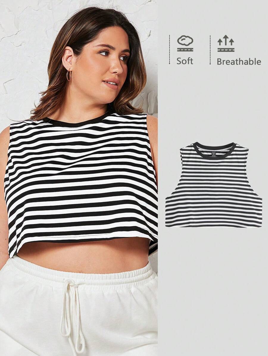 SHEIN BASICS 大碼條紋印花短款背心 - 黑與白 - 查看 1