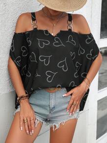 SHEIN LUNE 愛心圖案挖肩襯衫 - 黑色 - 查看 1