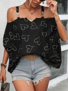 SHEIN LUNE 愛心圖案挖肩襯衫 - 黑色 - 查看 6